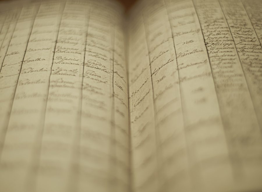 Uppslagen gammal bok med handskrivna rader och namnlistor i mjuk fokus