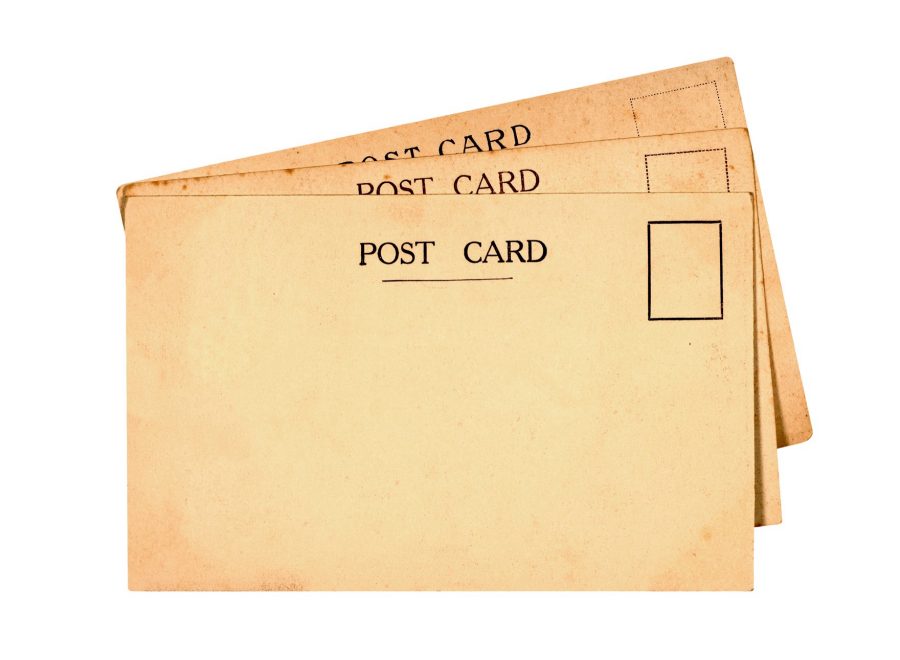 Tre gulnade vykort med tom adressida och tryckt text Post Card