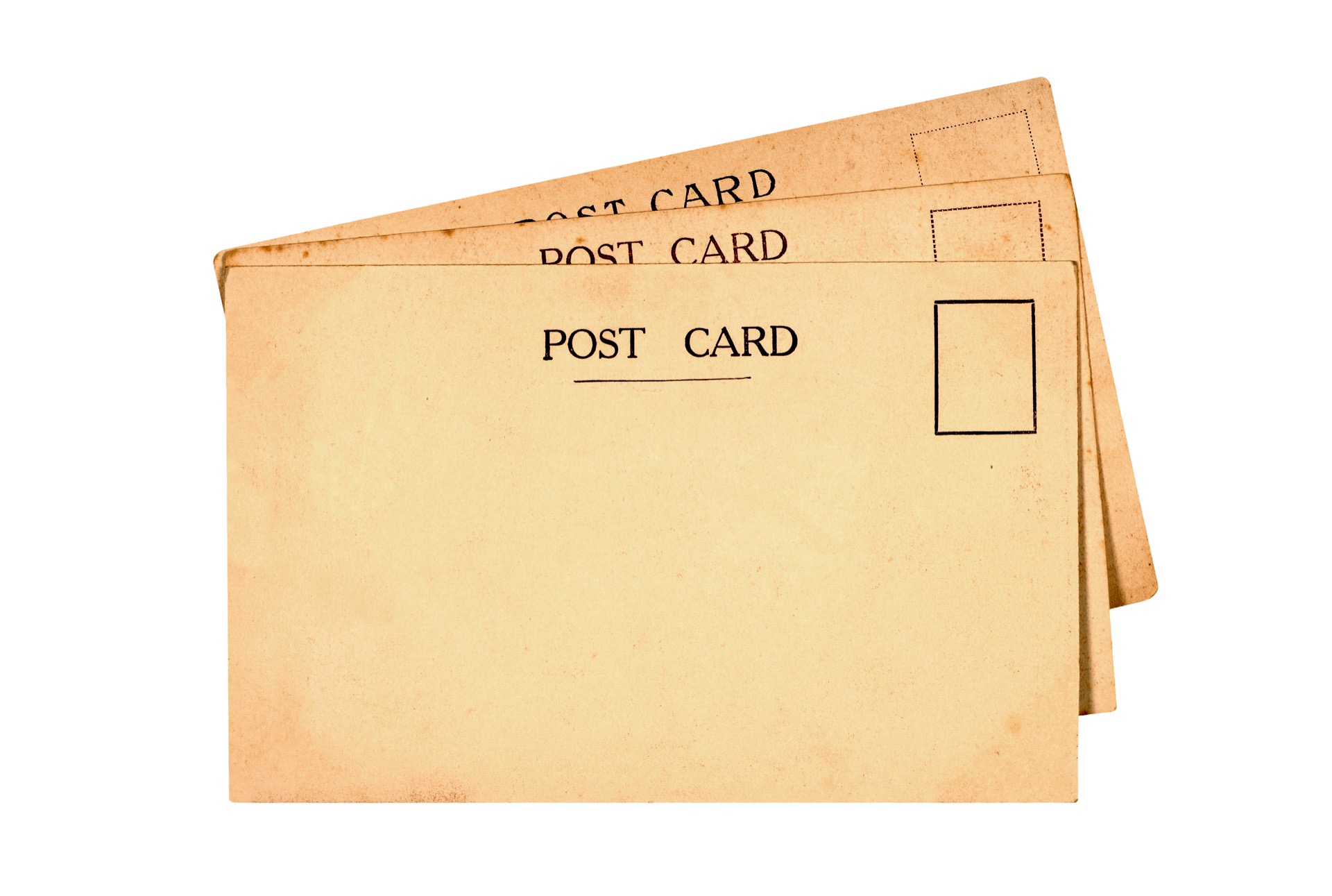 Tre gulnade vykort med tom adressida och tryckt text Post Card